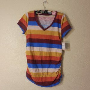 Maternity Tee Top Blouse Size S - V-neck NWT  Stretchy Brown Blue Beige Stripes